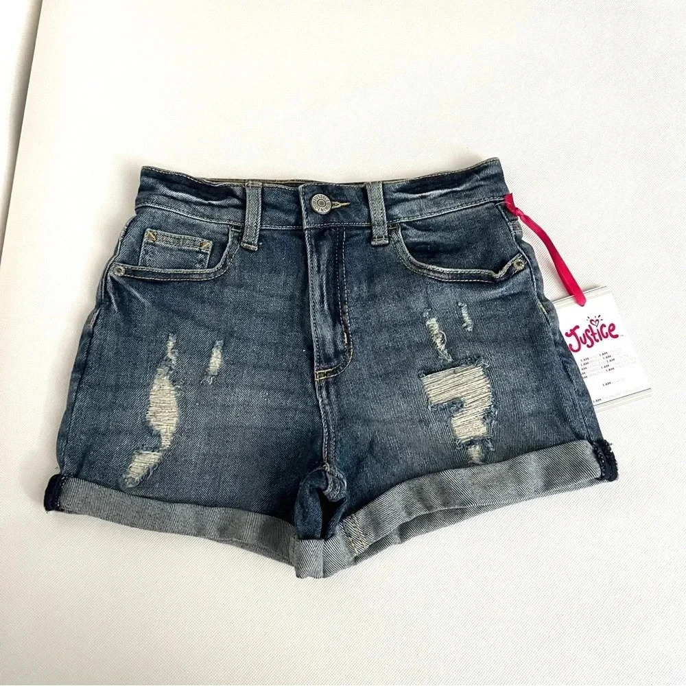 Justice Girls Mini Mom Destroyed Blue Denim Shorts Size 12 Cuffed Hem Pockets